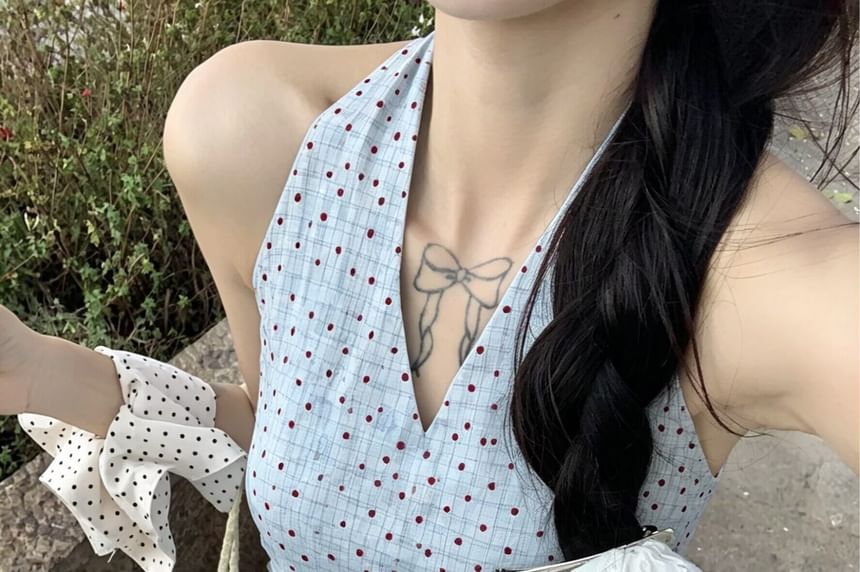 Gingham Check Halter Neck Flowy Top