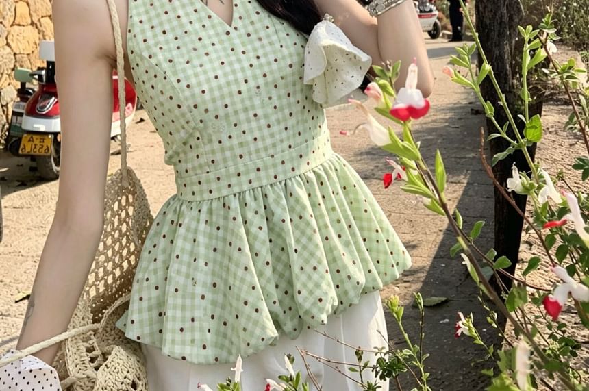 Gingham Check Halter Neck Flowy Top