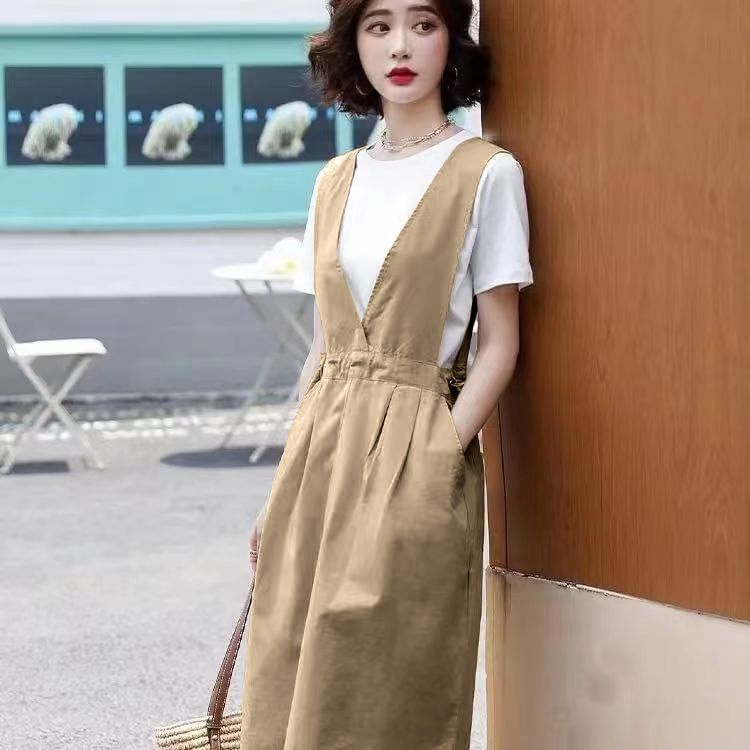 Round Neck T-Shirt & V-Neck Drawstring Midi Dress Set