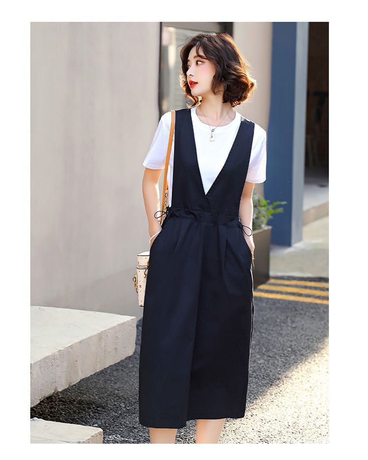 Round Neck T-Shirt & V-Neck Drawstring Midi Dress Set