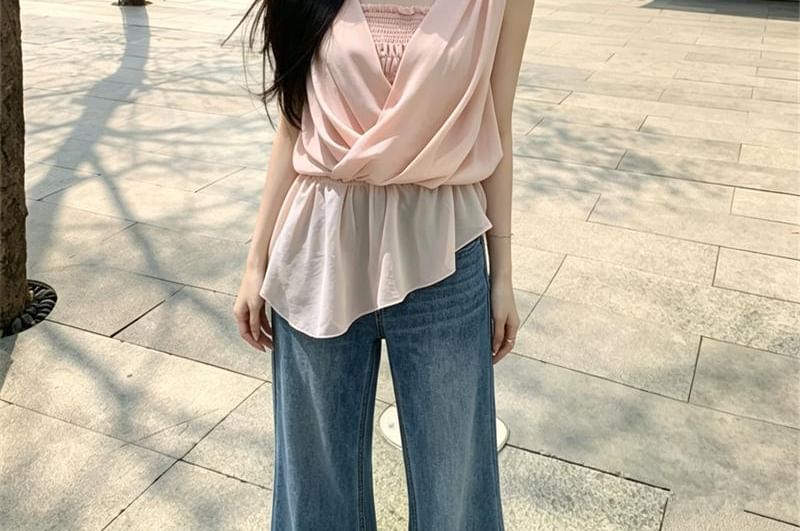 Asymmetric Mock Two-Piece Wrap Top