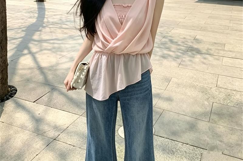 Asymmetric Mock Two-Piece Wrap Top