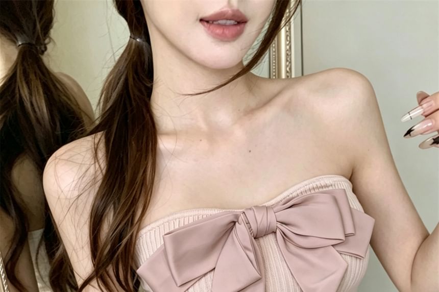 Ribbed Knit Tube Top with Bow Detail