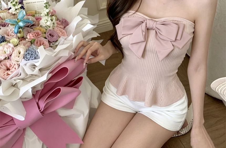 Ribbed Knit Tube Top with Bow Detail