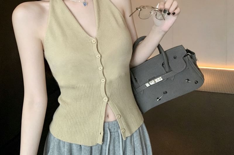 Button-Front Ribbed Knit Halter Top