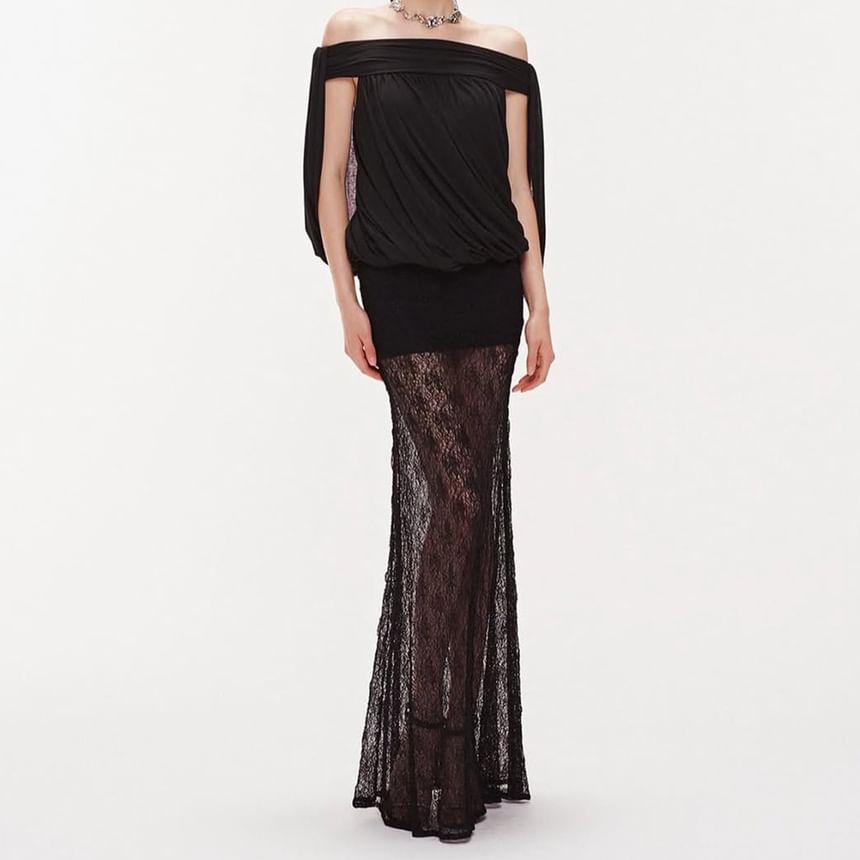 Off-Shoulder Blouse Set with Shirred Bodice & Mermaid Skirt