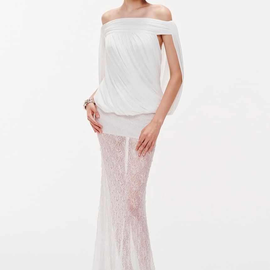 Off-Shoulder Blouse Set with Shirred Bodice & Mermaid Skirt