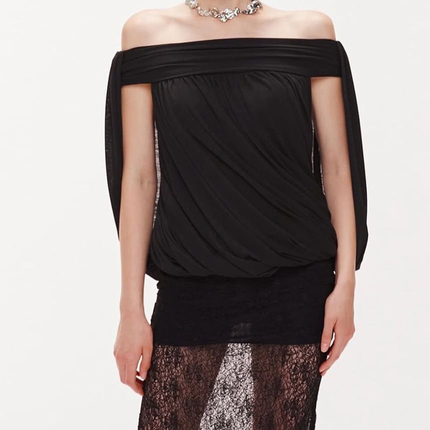 Off-Shoulder Blouse Set with Shirred Bodice & Mermaid Skirt