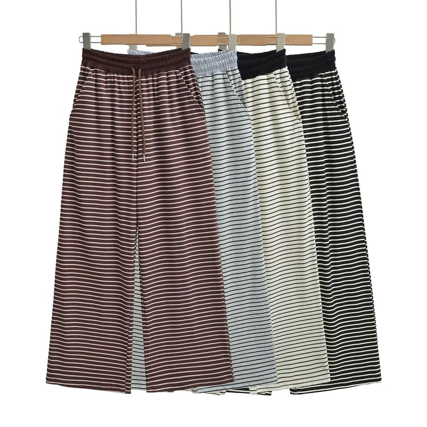 Striped Crop Top Plus Drawstring Wide Leg Pants Set