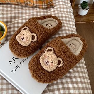 Bear Embroidered Fluffy Home Slippers