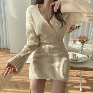 V-Neck Slim-Cut Rib-Knit Mini Dress