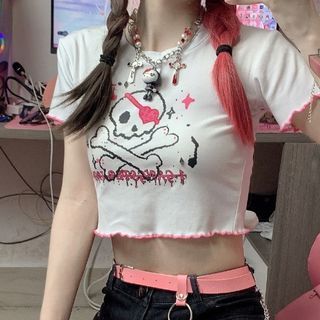 Contrast Tee Skull Trim Short-Sleeve Crew Neck Crop Print