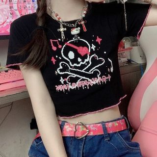 Contrast Tee Skull Trim Short-Sleeve Crew Neck Crop Print