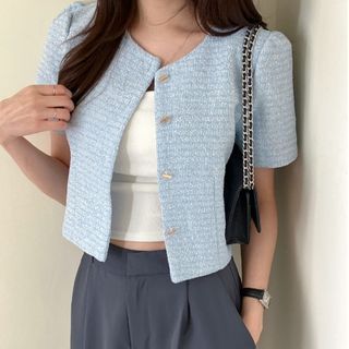 Short Sleeve Round Neck Tweed Blazer