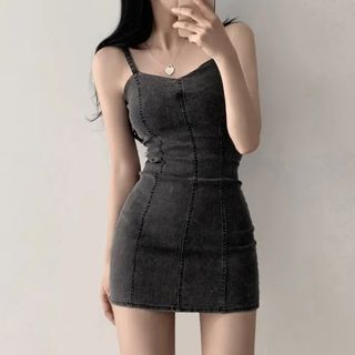 Spaghetti Strap Plain Denim Mini Bodycon Dress