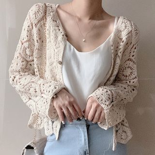 Plain Crop Crochet Knit Cardigan