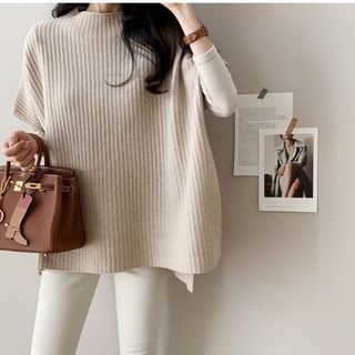 Plain Slit Ribbed Knit Poncho