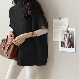 Plain Slit Ribbed Knit Poncho