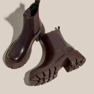 Heel Platform Faux Chunky Short Leather Boots