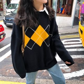 Crewneck Printed Plaid Color-Block Oversize Sweater