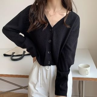 V-Neck Button-Up Plain Cardigan