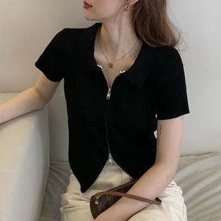 Knit Zip Plain Polo Top Short-Sleeve