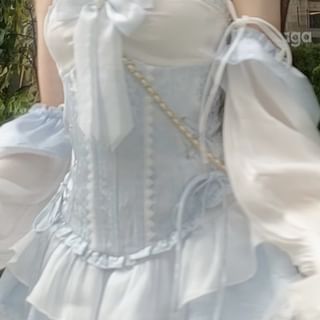 Lace-Up Belt / Off-Shoulder Mini Trim Puff-Sleeve A-Line Two Dress Lace Tone Corset Patterned