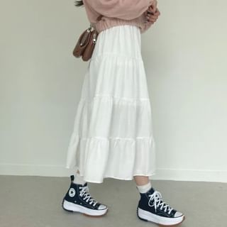A-Line Midi Skirt with Elastic Waist and Tiered Layers