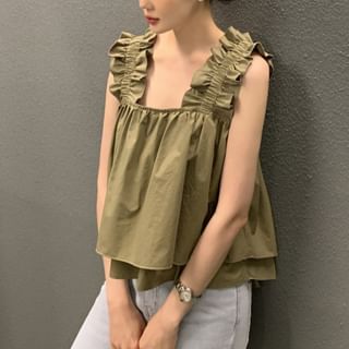 Sleeveless Square Neck Ruffle Plain Flowy Top