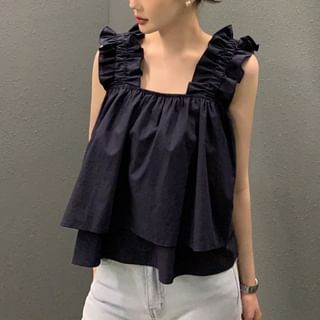 Sleeveless Square Neck Ruffle Plain Flowy Top