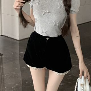 Short Sleeve Crew Neck Plain Bow Frill Top / High Waist Panel Velvet Shorts