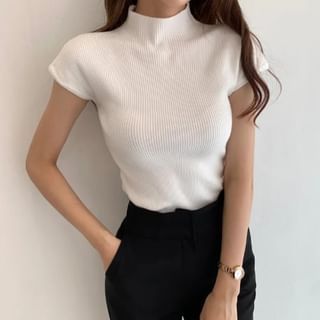 Cap Sleeve Mock Neck Plain Ribbed Knit Top