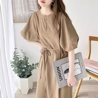 Short-Sleeve Crewneck Plain Maxi A-Line Dress