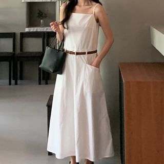 Thin Strap Solid Midi A-Line Dress