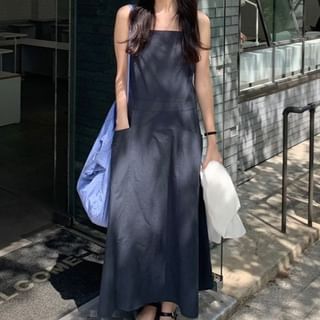 Thin Strap Solid Midi A-Line Dress