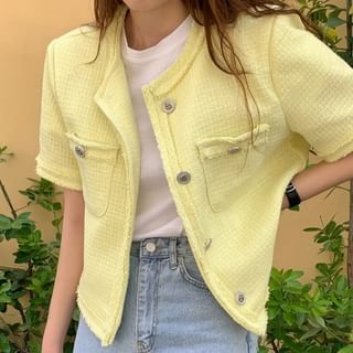 Short-Sleeve Crew Neck Plain Button-Up Tweed Jacket