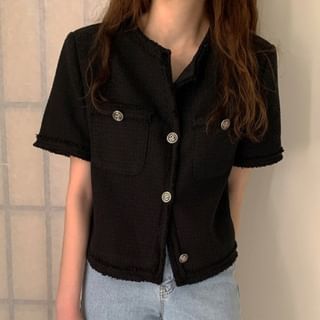 Short-Sleeve Crew Neck Plain Button-Up Tweed Jacket