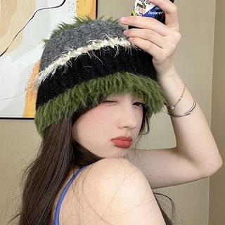 Fringed Color Block Knit Beanie