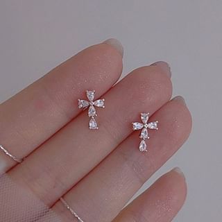 925 Sterling Silver Rhinestone Cross Stud Earring