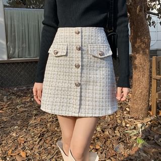 High Rise Checked Mini Straight Skirt