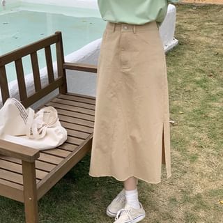 High-Waist Frayed Slit Midi Flared Skirt in Solid
