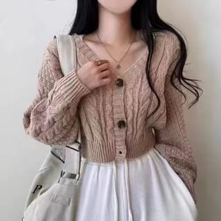 Cropped Cable-Knit V-Neck Cardigan