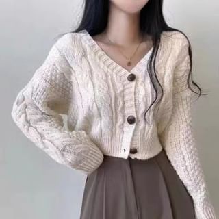 Cropped Cable-Knit V-Neck Cardigan