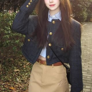 Round Neck Plaid Tweed Button Jacket / Collared Striped Button Shirt / High Waist Plain Midi A-Line Skirt / Set