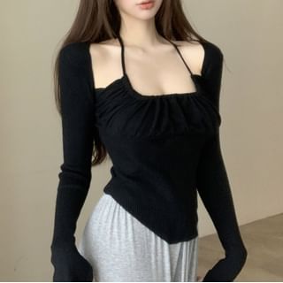 Long-Sleeve Scoop Neck Plain Asymmetrical Ribbed Knit Top