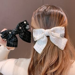 Rhinestone Accent Tweed Bow Hair Clip