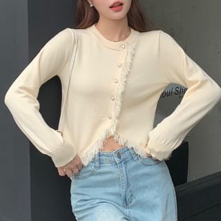 Round Neck Solid Asymmetrical Fringed Trim Crop Jacket