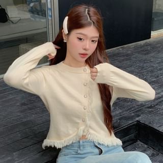 Round Neck Solid Asymmetrical Fringed Trim Crop Jacket