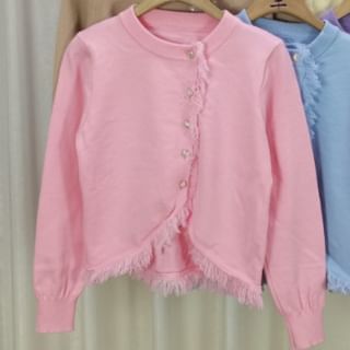 Round Neck Solid Asymmetrical Fringed Trim Crop Jacket