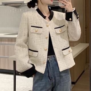 Contrast Trim Tweed Button Jacket